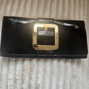 Michael Kors Black Patent Leather Clutch with Gold Buckle